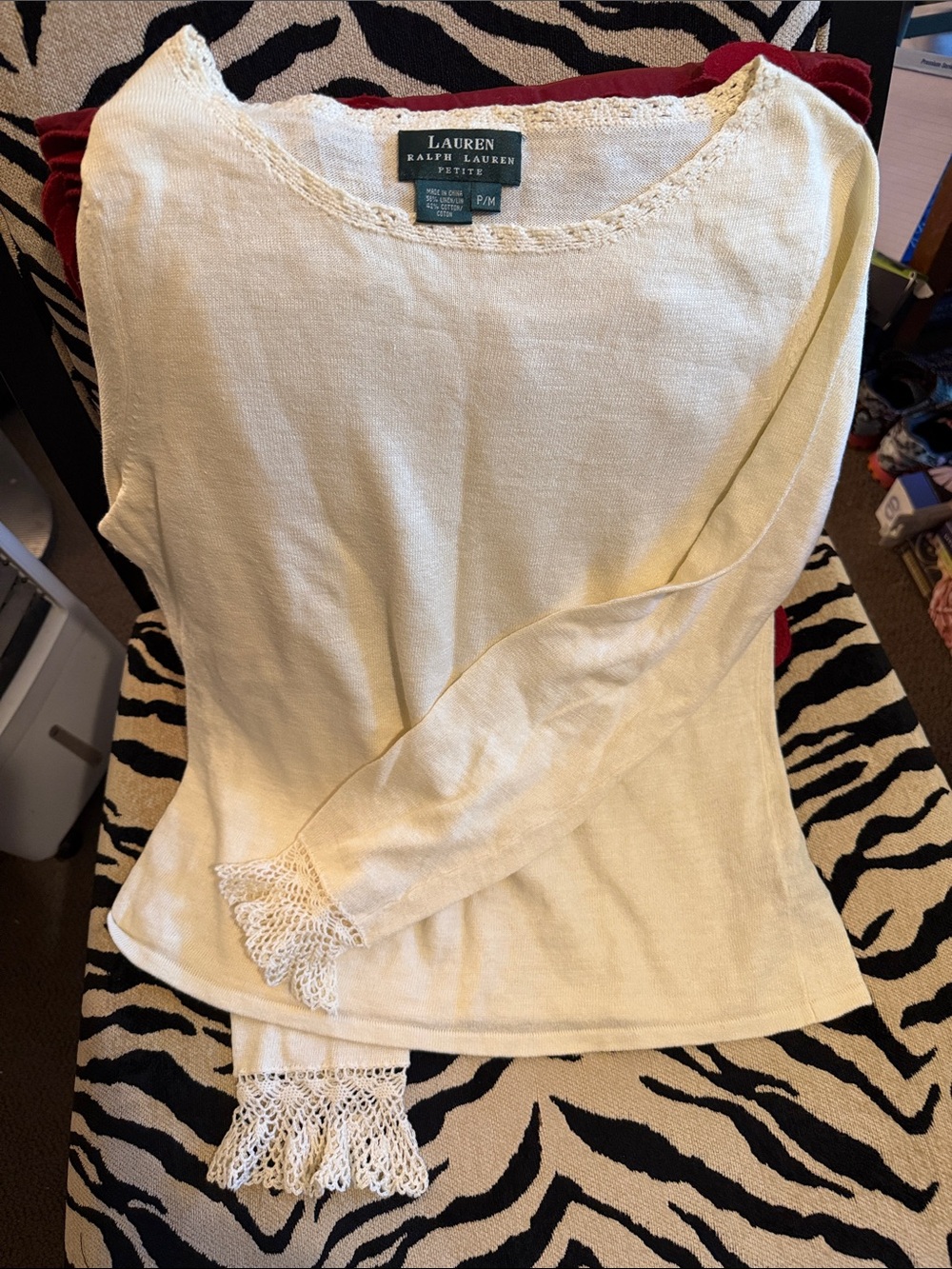 Lauren Ralph Lauren Cream Long Sleeve Knit Top with Crochet Trim
